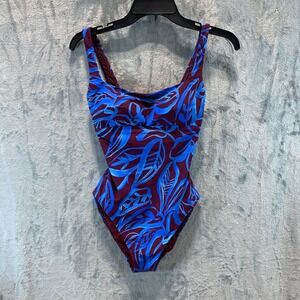 Mimi Flamingo Women's Blue Burgundy Abstract Leaf One Piece Swimsuit Size 6